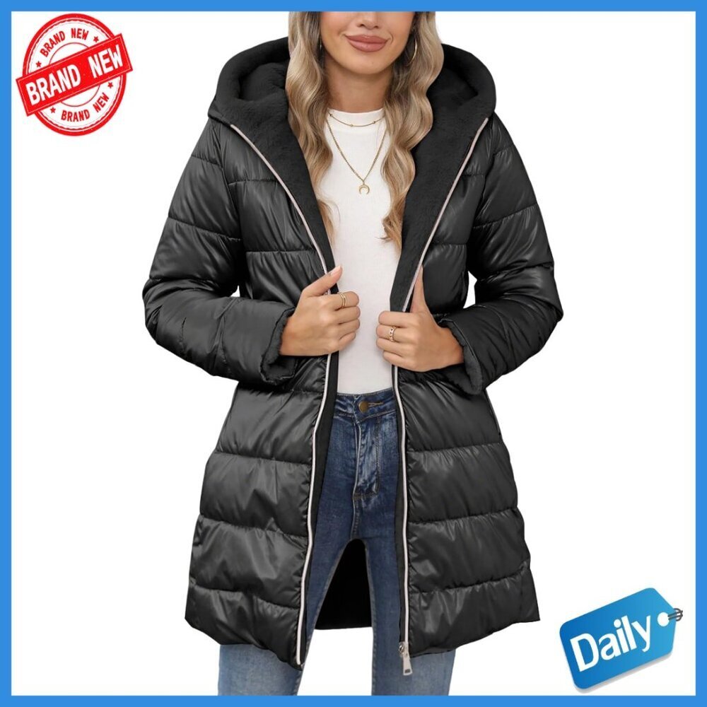 Long Reversible Puffer Coat with Faux Fur Hood and Quilted Lining